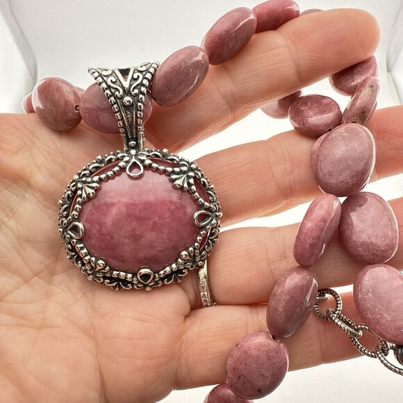 Carolyn Pollack Necklace Pink Rhodonite Pendant Cabochon Sterling Silver 925 - Picture 13 of 14